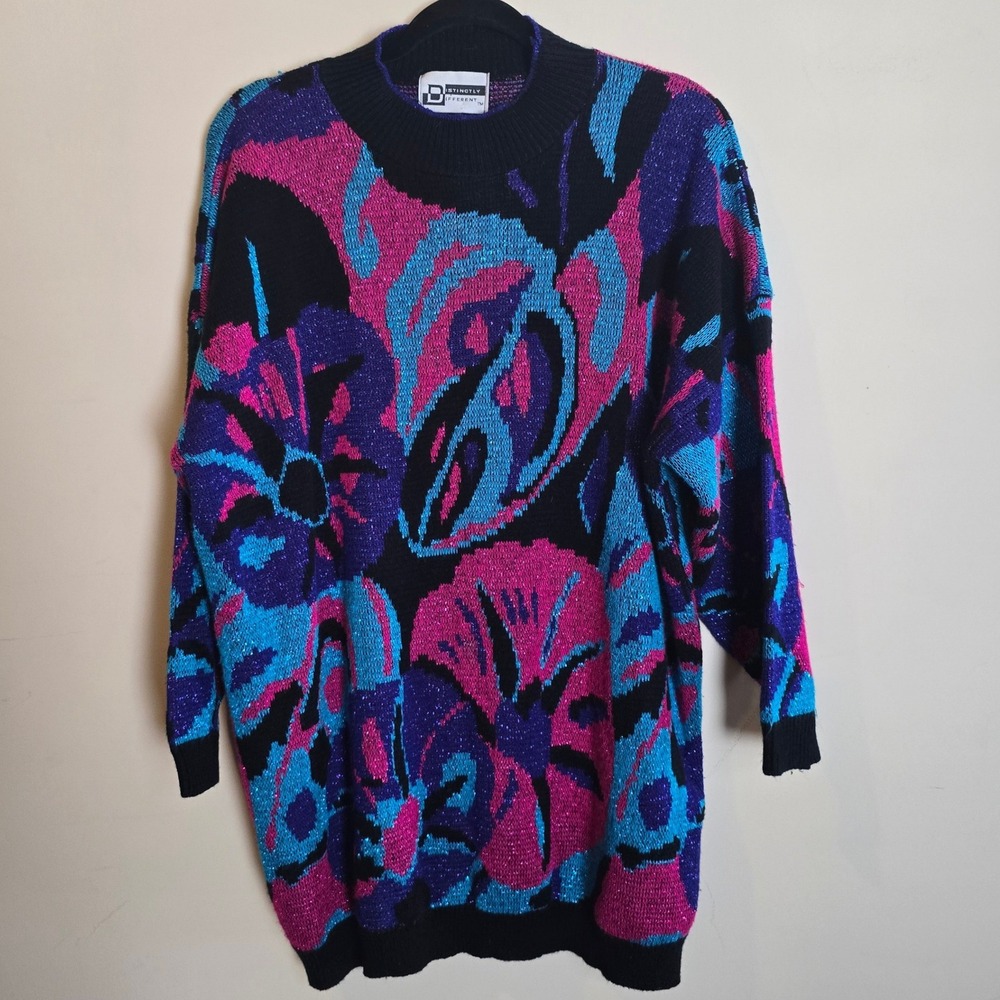 Vintage 80s Distinctly Different Sweater Womens Multi Abstract Floral Lurex